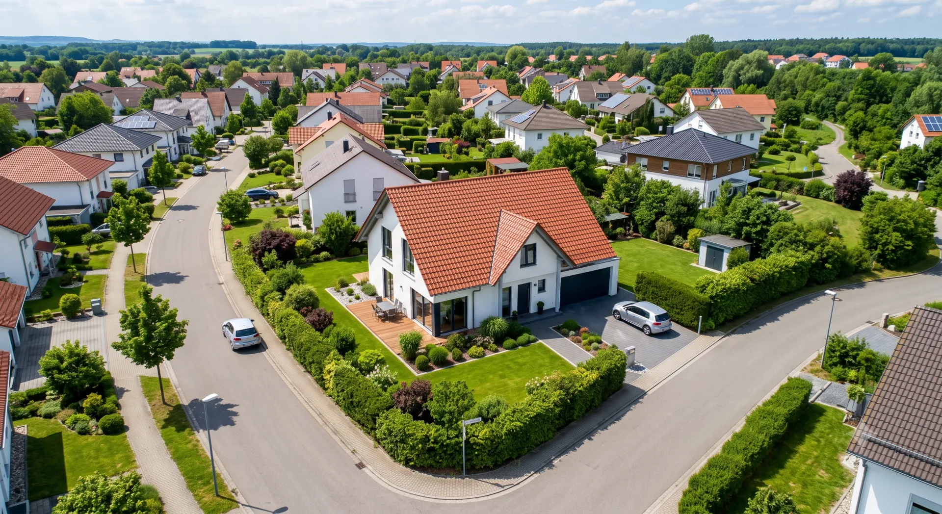 Luftaufnahme eines Einfamilienhauses mit Garten