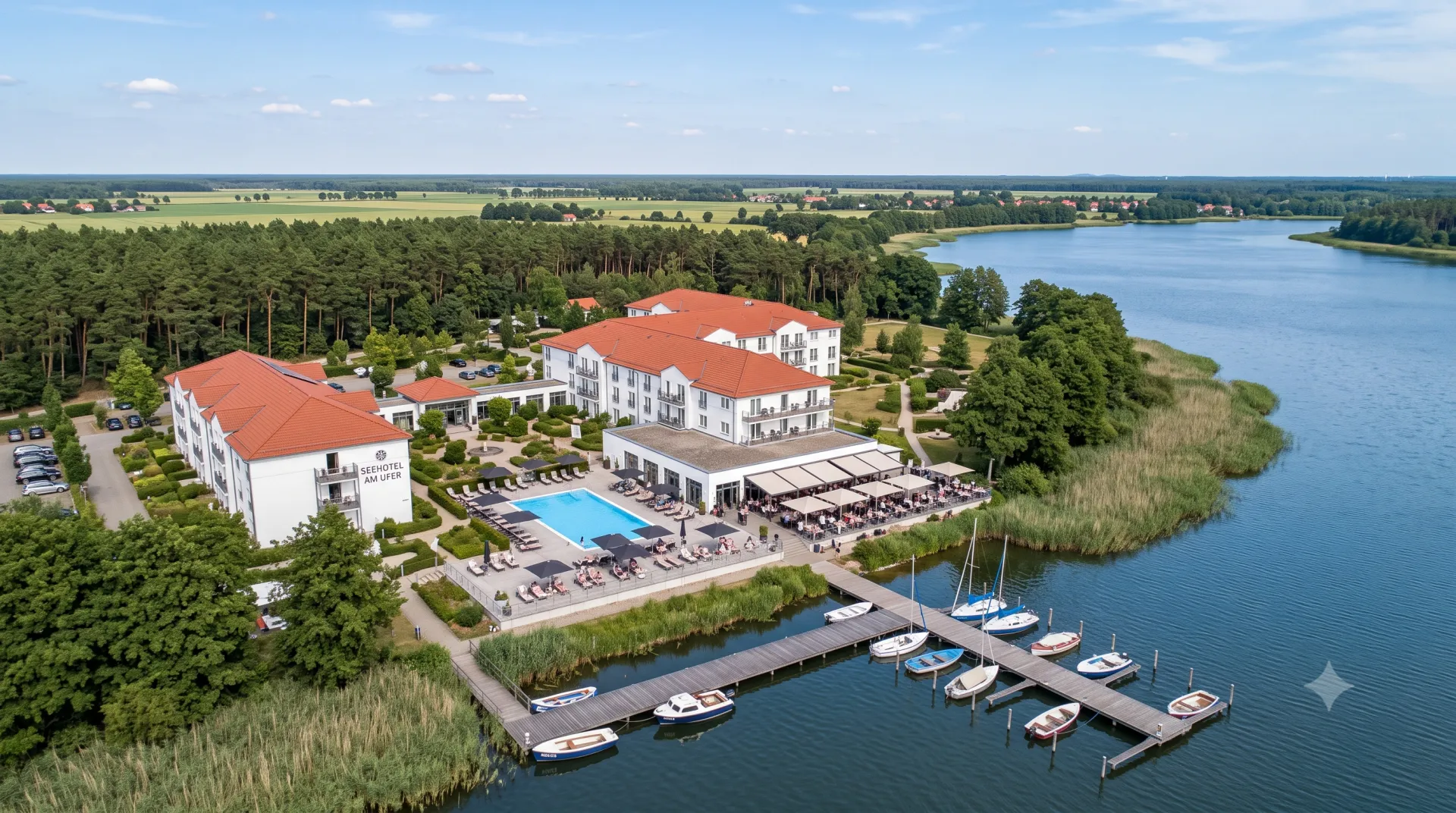 Luftaufnahme einer Hotelanlage am See