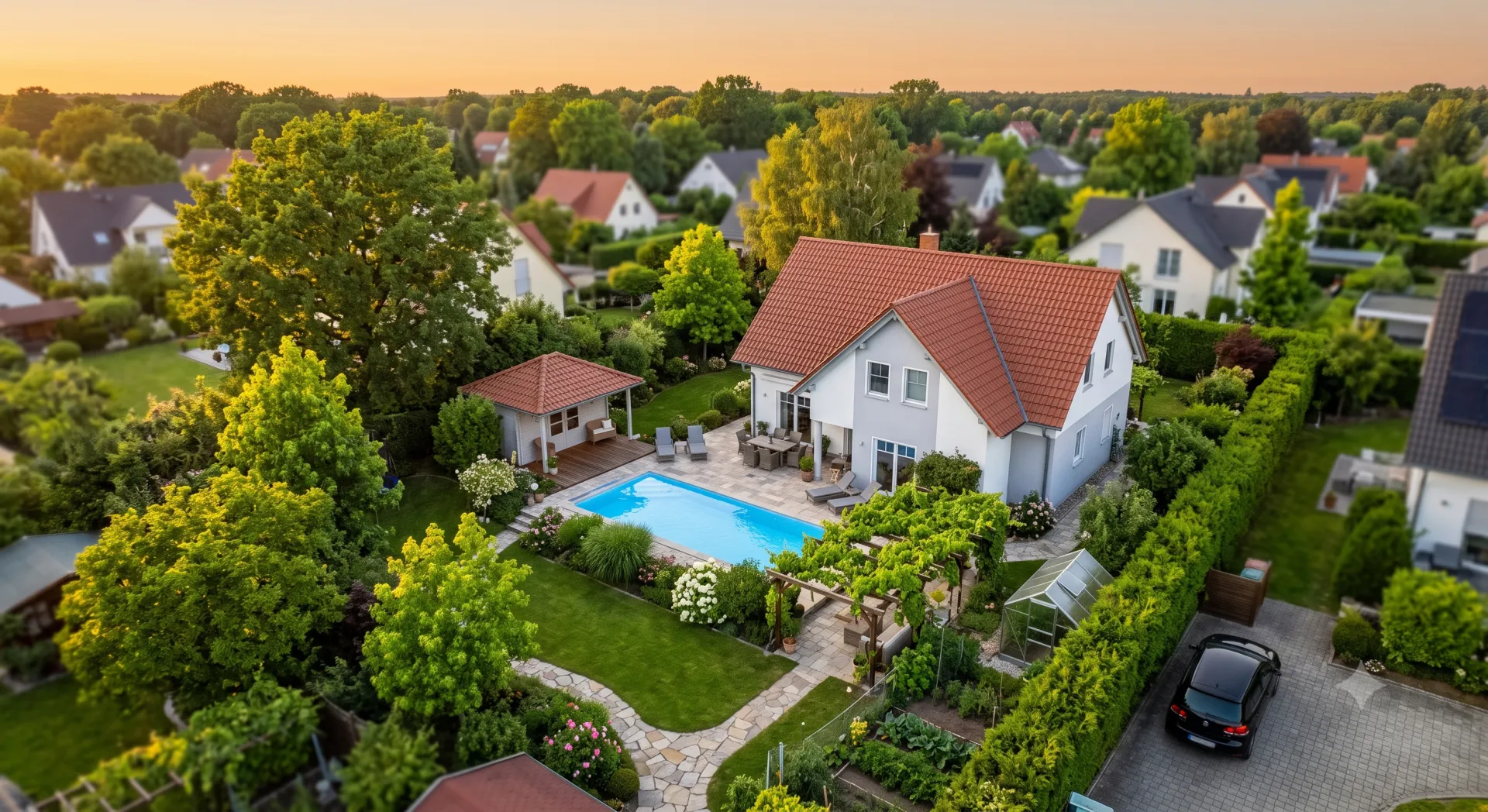 Luftaufnahme eines Hauses mit Garten und Pool